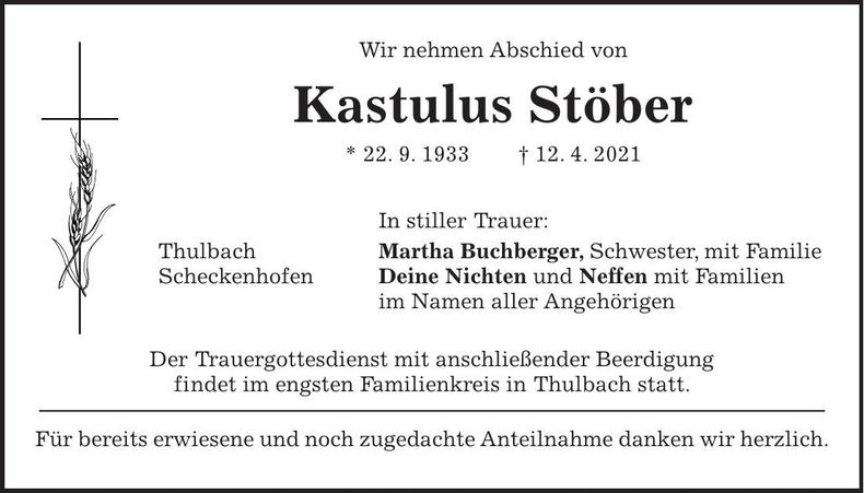 Traueranzeige Kastulus Stöber
