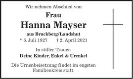 Traueranzeige Hanna Mayser