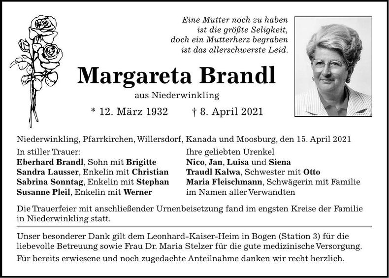 Traueranzeige Margareta Brandl