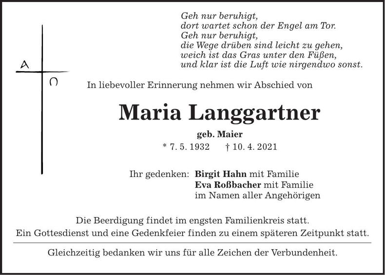 Traueranzeige Maria Langgartner