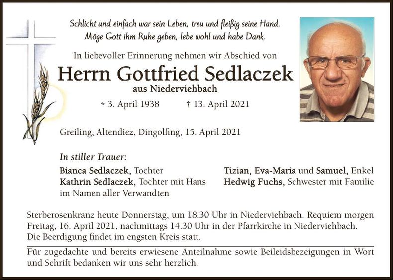 Traueranzeige Gottfried Sedlaczek