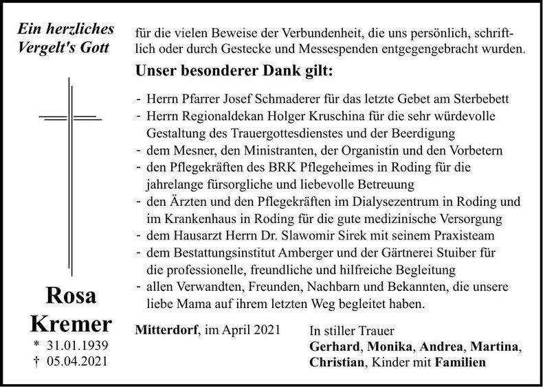 Traueranzeige Rosa Kremer