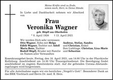 Traueranzeige Wagner Veronika