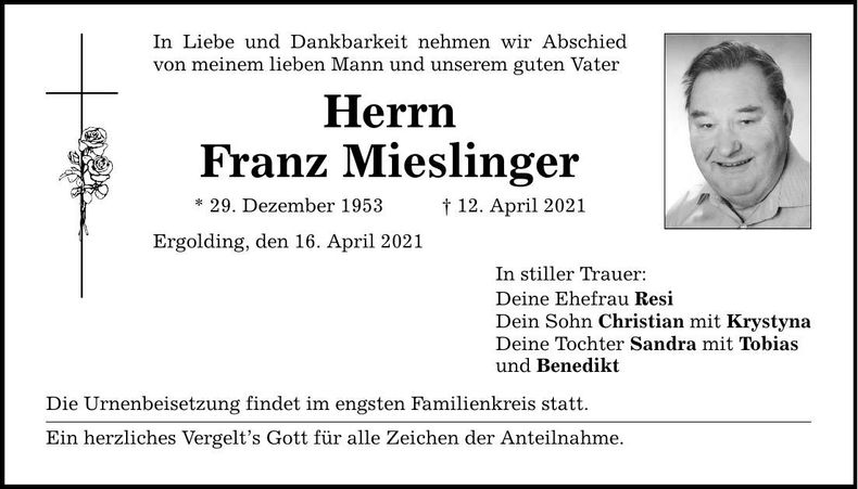 Traueranzeige Franz Mieslinger