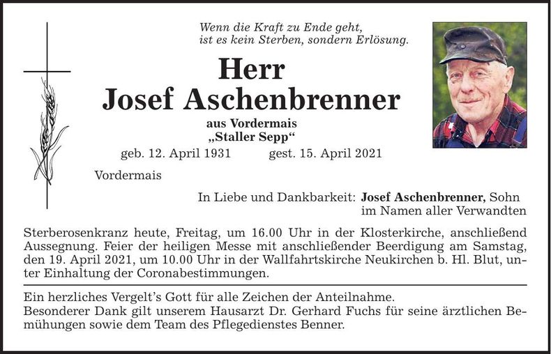 Traueranzeige Josef Aschenbrenner