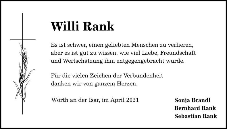 Traueranzeige Willi Rank