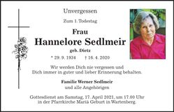 Traueranzeige Hannelore Sedlmeir