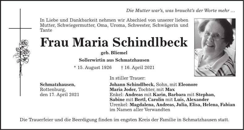 Traueranzeige Maria Schindlbeck