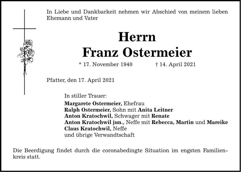 Traueranzeige Franz Ostermeier