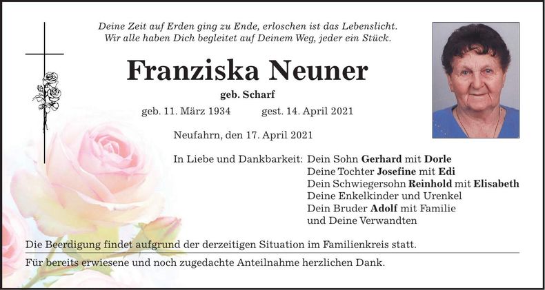 Traueranzeige Franziska Neuner