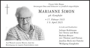Traueranzeige Marianne Simon