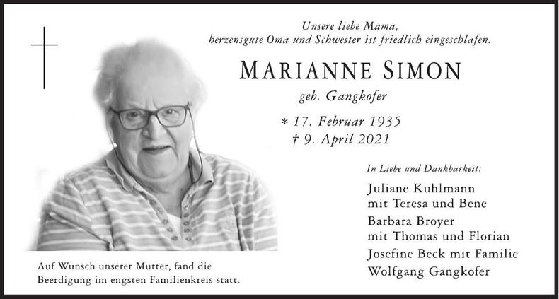 Traueranzeige Marianne Simon