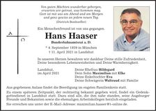 Traueranzeige Hans Haaser