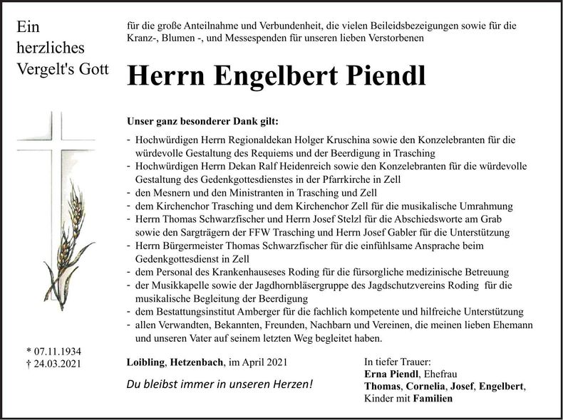 Traueranzeige Engelbert Piendl