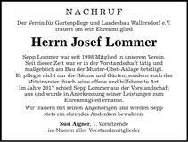 Traueranzeige Josef Lommer