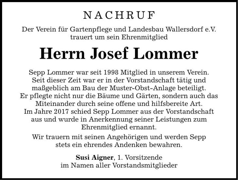 Traueranzeige Josef Lommer