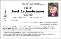 Traueranzeige Josef Aschenbrenner