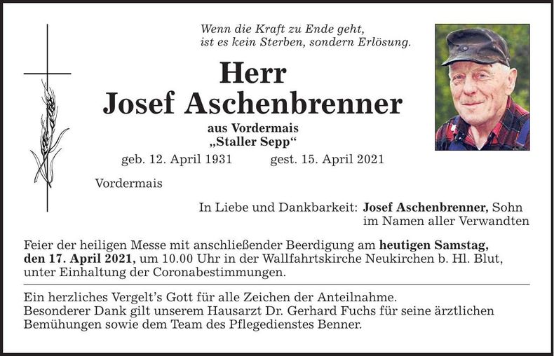 Traueranzeige Josef Aschenbrenner