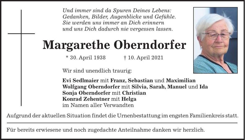 Traueranzeige Margarethe Oberndorfer