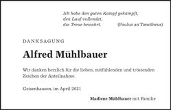 Traueranzeige Alfred Mühlbauer