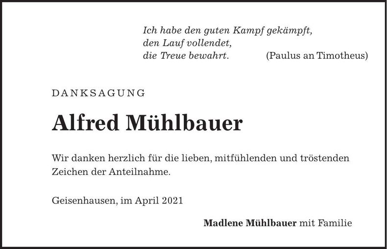 Traueranzeige Alfred Mühlbauer