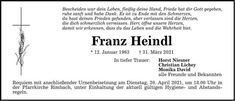 Traueranzeige Franz Heindl