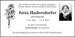 Traueranzeige Jutta Hadersdorfer