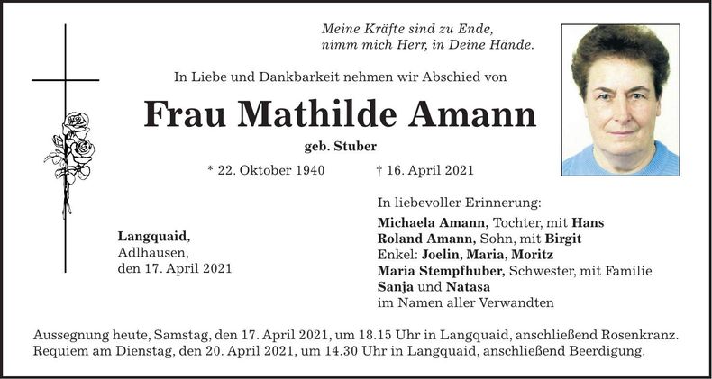 Traueranzeige Mathilde Amann