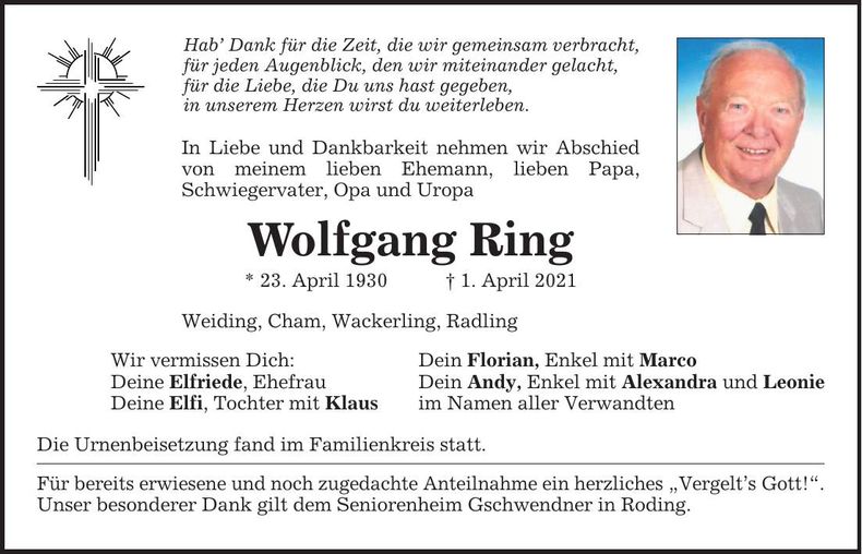 Traueranzeige Wolfgang Ring