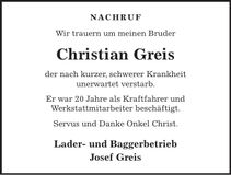 Traueranzeige Christian Greis