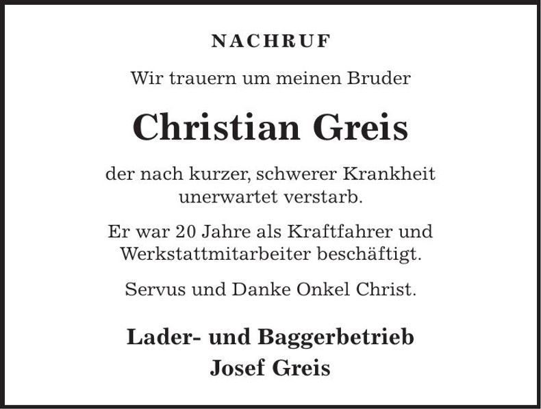 Traueranzeige Christian Greis