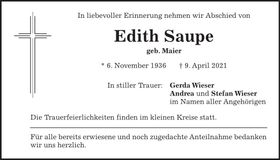 Traueranzeige Edith Saupe
