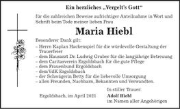 Traueranzeige Maria Hiebl