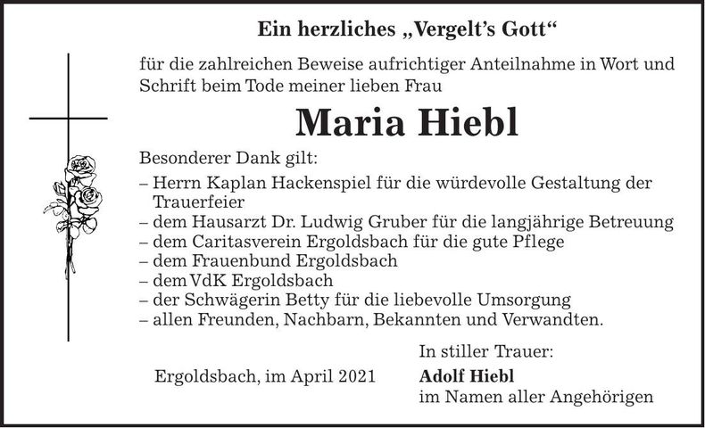 Traueranzeige Maria Hiebl