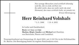 Traueranzeige Reinhard Volnhals
