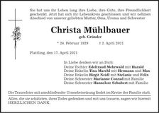 Traueranzeige Christa Mehrwald