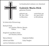 Traueranzeige Gabriele Maria Dick
