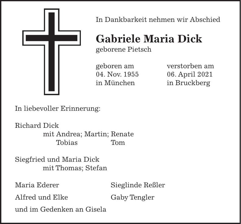 Traueranzeige Gabriele Maria Dick