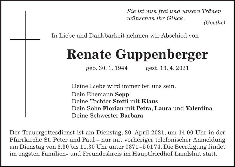 Traueranzeige Renate Guppenberger