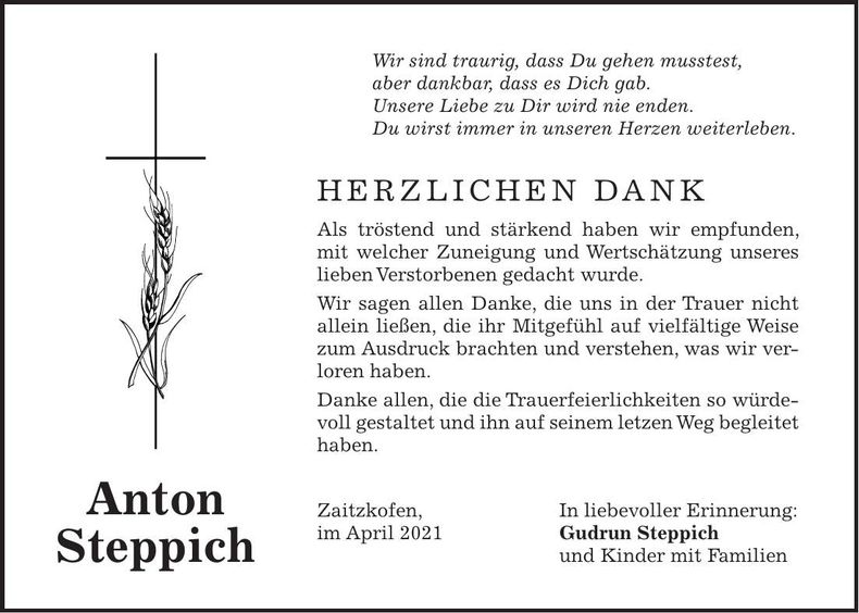 Traueranzeige Anton Steppich