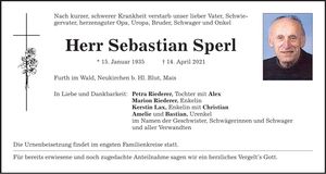 Traueranzeige Sebastian Sperl