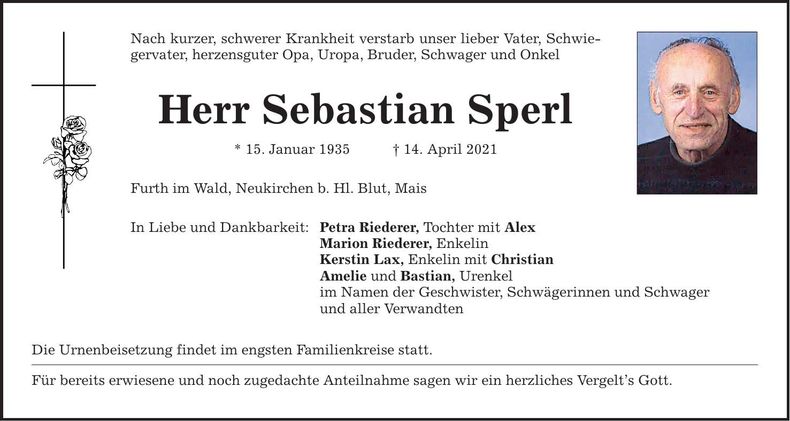 Traueranzeige Sebastian Sperl