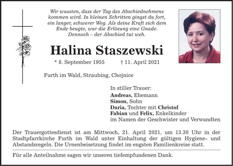 Traueranzeige Halina Staszewski