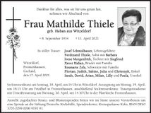 Traueranzeige Mathilde Thiele
