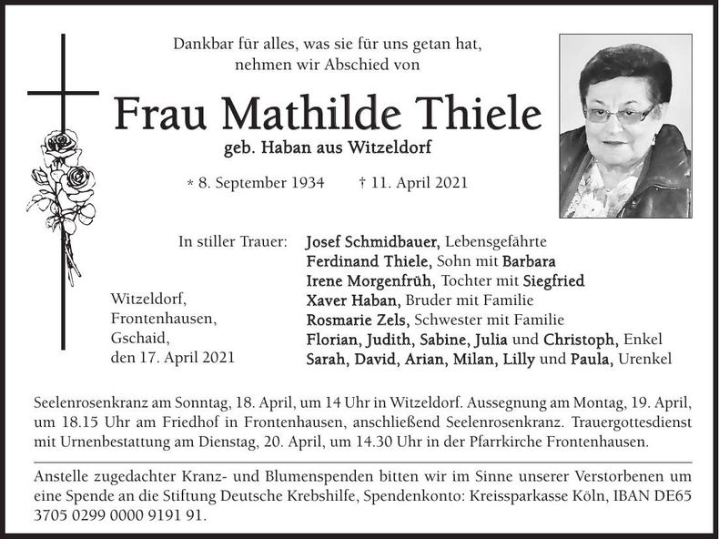 Traueranzeige Mathilde Thiele
