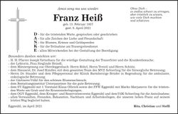 Traueranzeige Franz Heiß
