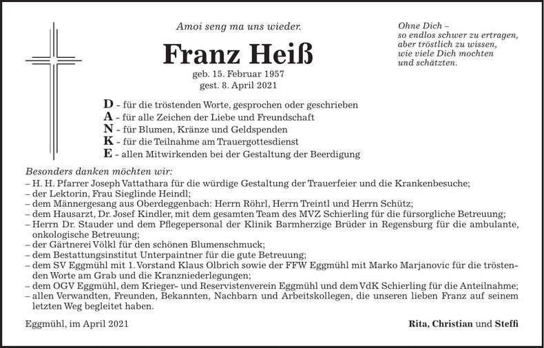 Traueranzeige Franz Heiß