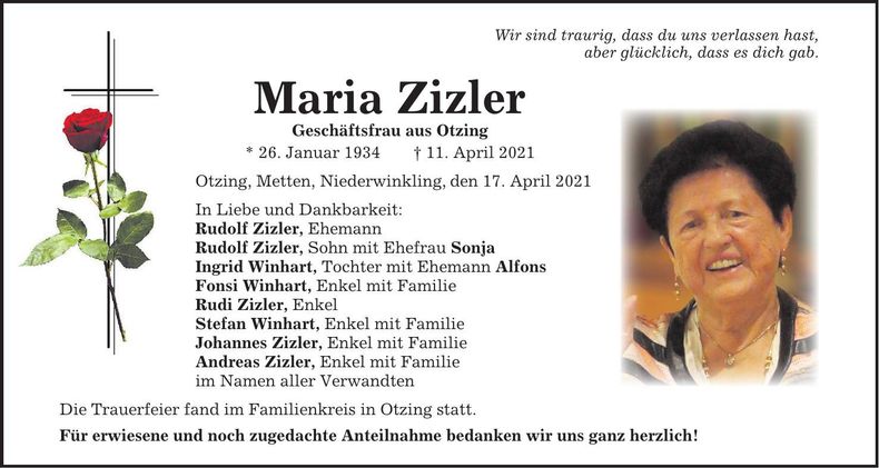 Traueranzeige Maria Zizler