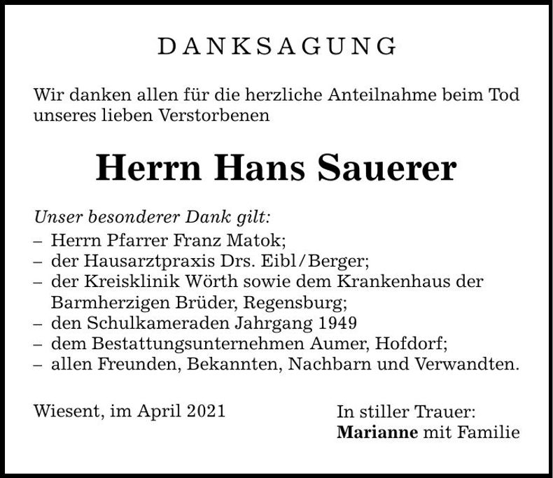 Traueranzeige Hans Sauerer