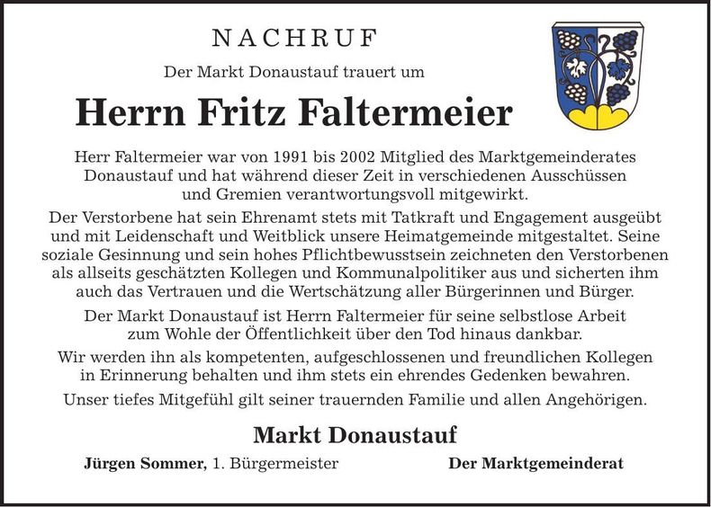 Traueranzeige Fritz Faltermeier